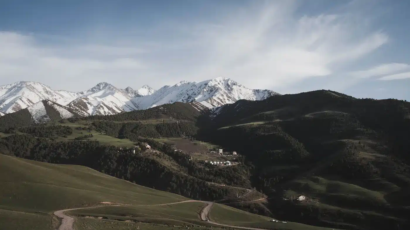 Best eSIM for Kyrgyzstan: snow-capped Tian Shan peaks above a yurt camp