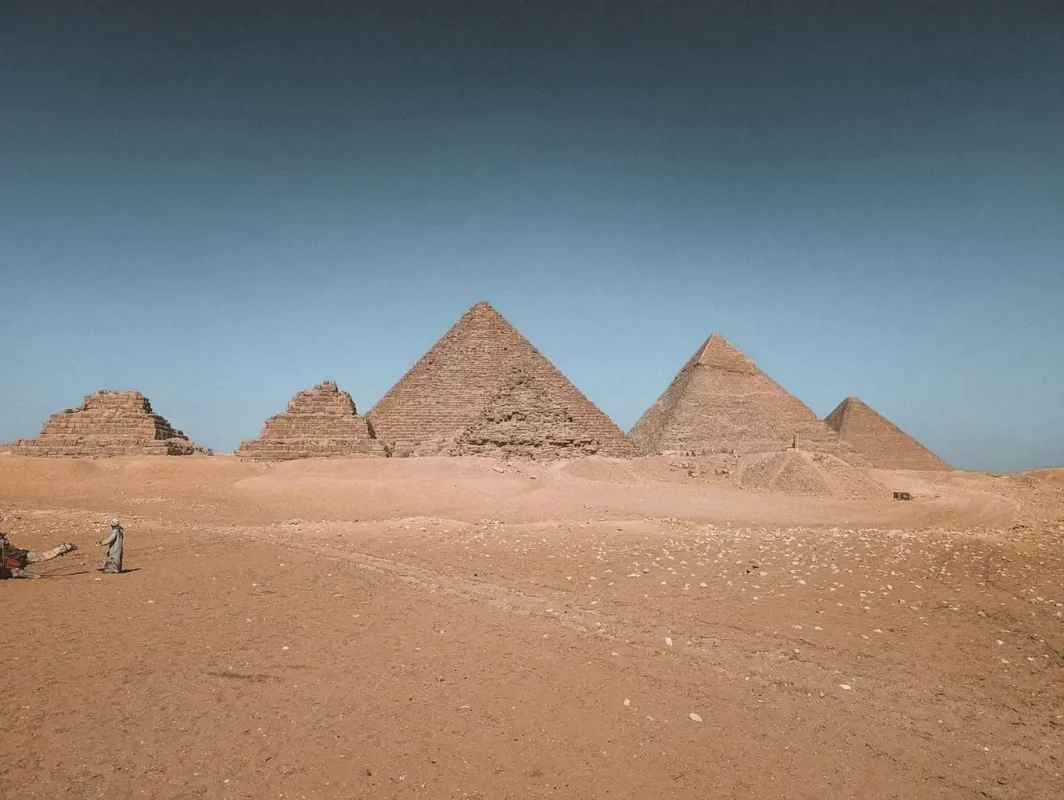 Great Pyramids of Giza under a clear blue sky, Egypt