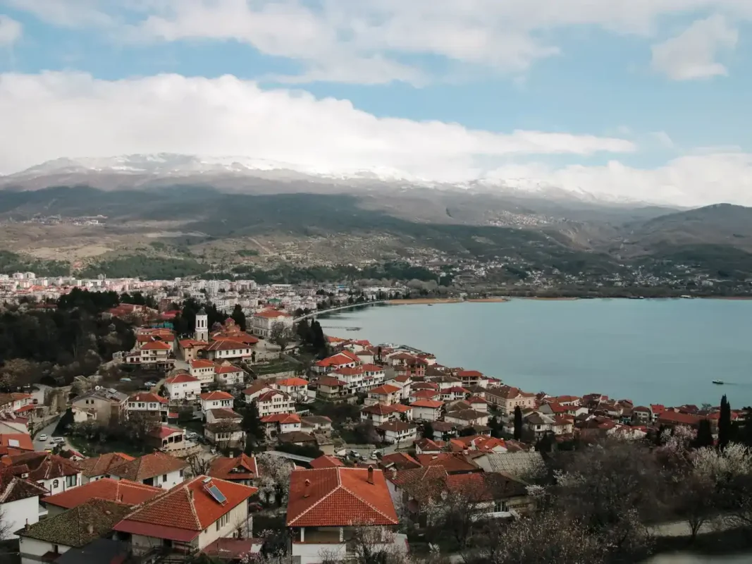 Best eSIM for North Macedonia: aerial view of Ohrid town and Lake Ohrid