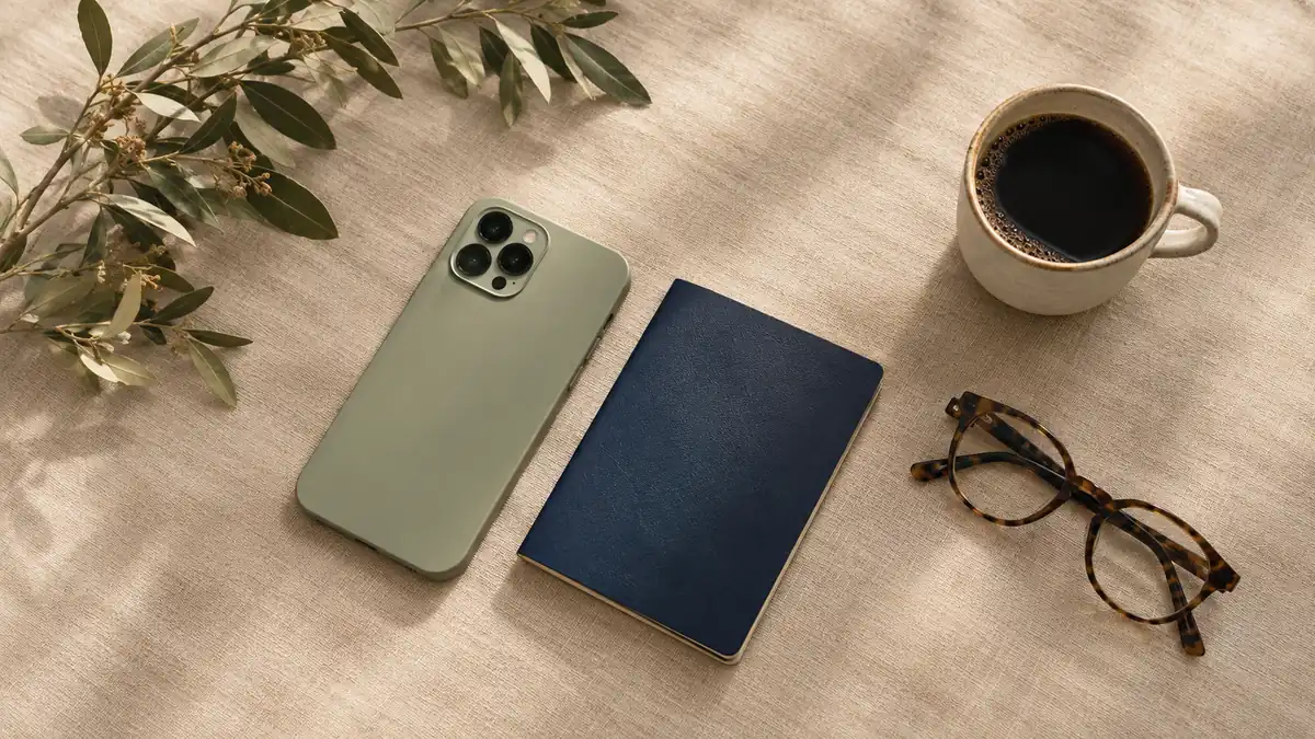 A phone, passport, reading glasses and coffee laid out on linen before a trip