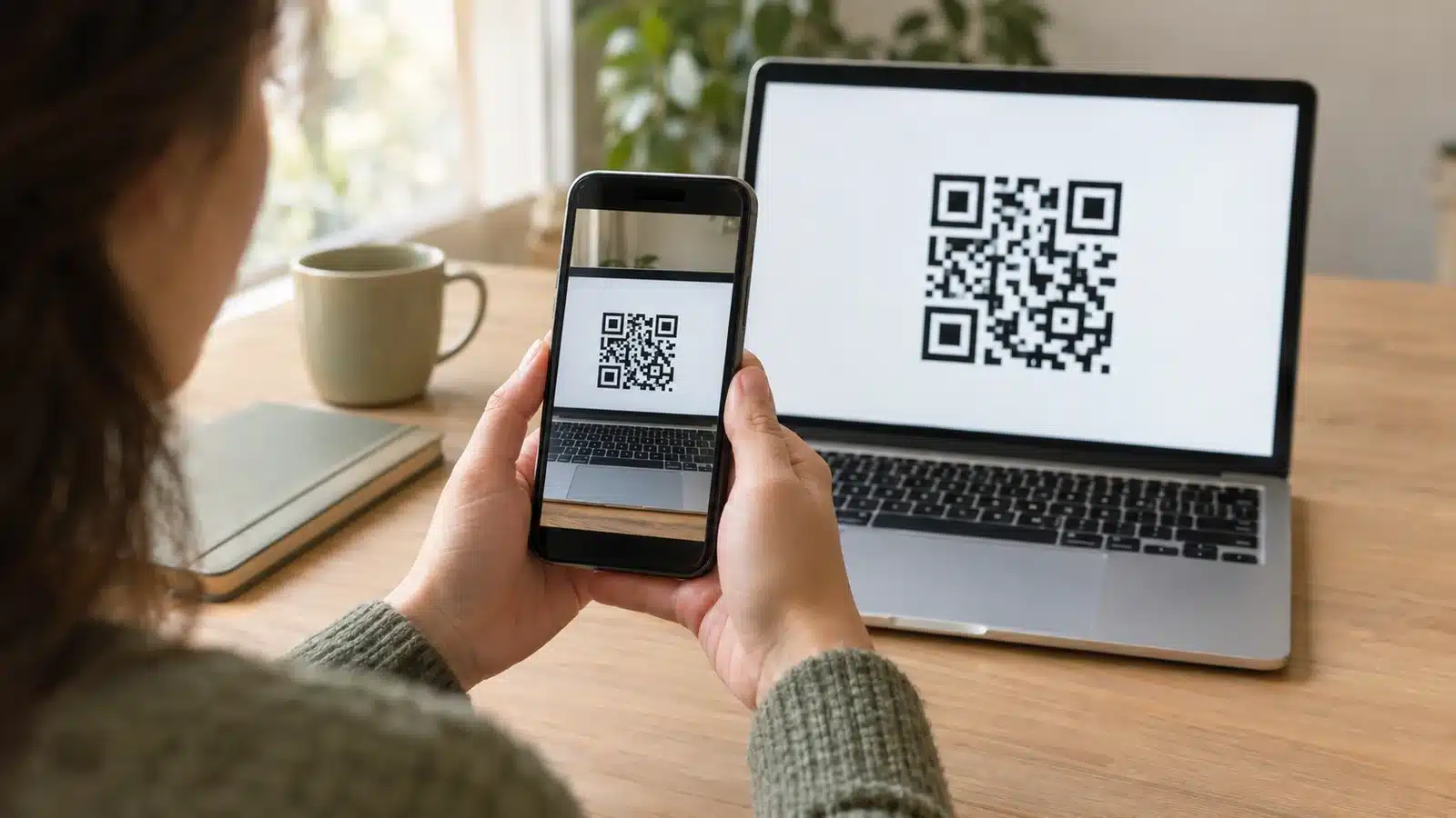 A phone scanning an eSIM QR code shown on a laptop screen